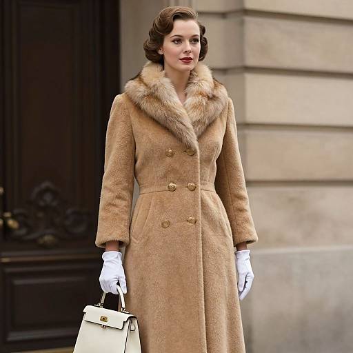 Photograph of a woman with wavy brown hair in a beige fur-collared coat, white gloves, and carrying a white handbag, standing