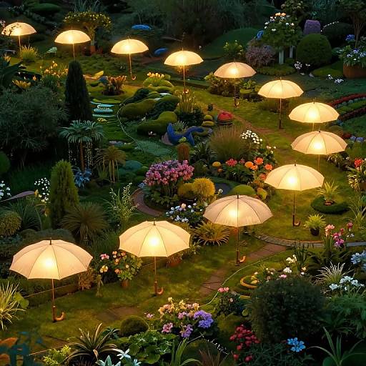 Photograph of a nighttime garden illuminated by glowing yellow umbrellas, surrounded by vibrant flowers, lush greenery, and winding pathways.