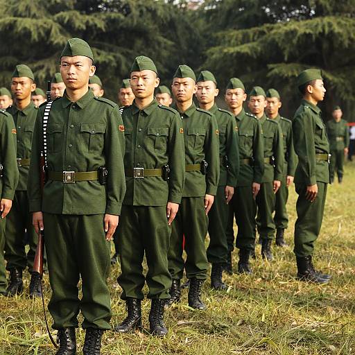 Line of Male Soldiers in Green Uniforms