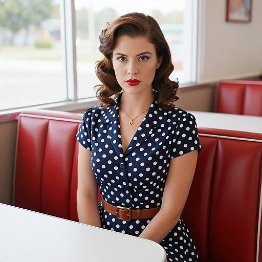 Photograph of a fair-skinned, brown-haired woman with red lipstick, wearing a navy blue polka dot dress and brown belt, seated in a