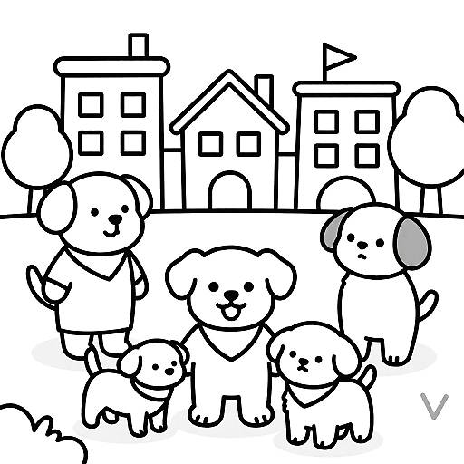 Children's Coloring Page with Cute Puppies in Town
