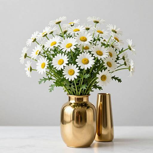 Photograph of a bouquet of white daisies with yellow centers in a shiny gold vase, accompanied by a smaller gold vase, against a plain white