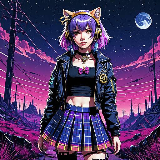 Cyberpunk Cat Girl with Lavender Hair