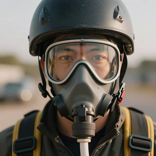 Intense Close-Up of a Helmeted Man