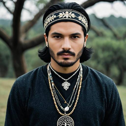 Man Wearing Traditional Necklace and Headband Outdoors