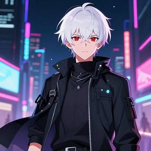 Anime-style digital drawing of a white-haired, red-eyed boy in a black jacket, standing in a neon-lit, futuristic cityscape.