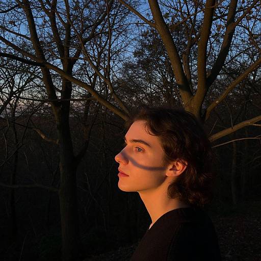Photograph of a young woman with wavy dark hair, illuminated by warm light, in a shadowy forest with bare trees at twilight.
