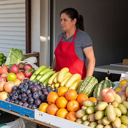 Photograph of a middle-aged woman with dark hair in a red apron, standing behind a colorful fruit stand with bananas, oranges, grapes, and