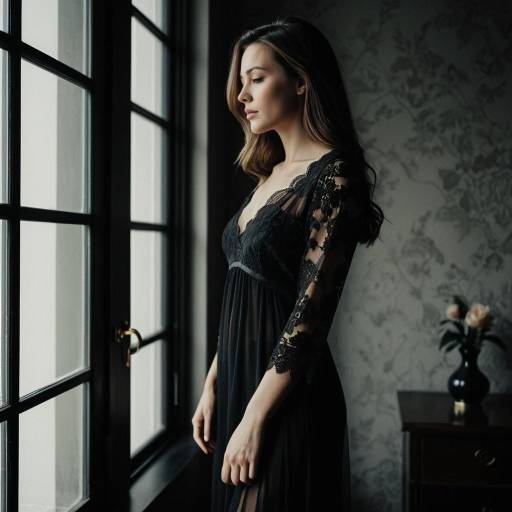 Woman in Black Lace Dress by Window