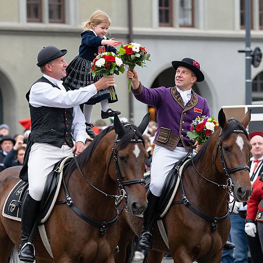 Photograph of two men in equestrian attire with black and purple jackets, holding flower bouquets, riding horses, with a blonde child in a