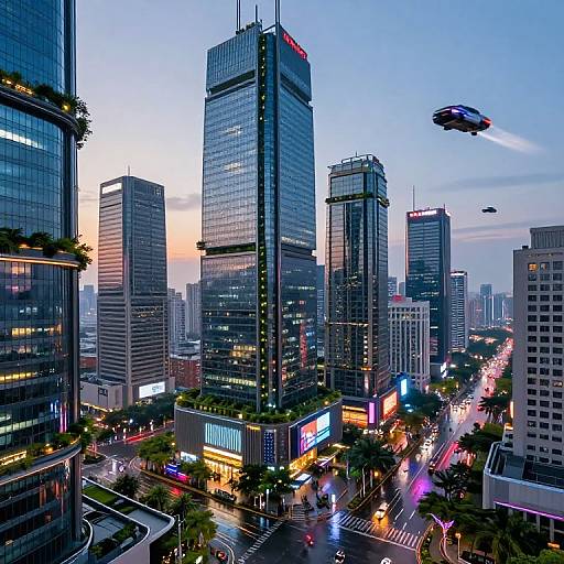Photorealistic CGI of a futuristic cityscape at dusk with tall skyscrapers, flying drones, vibrant neon lights, and busy streets.
