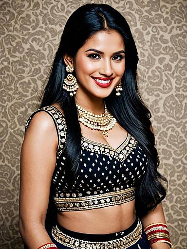 Photograph of a smiling South Asian woman with long black hair, wearing a black polka dot choli with gold embroidery, matching jewelry, and red