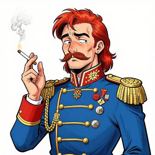 Cartoon-style illustration of a red-haired, mustached military officer in a blue uniform with gold epaulettes, smoking a cigarette, adorned with