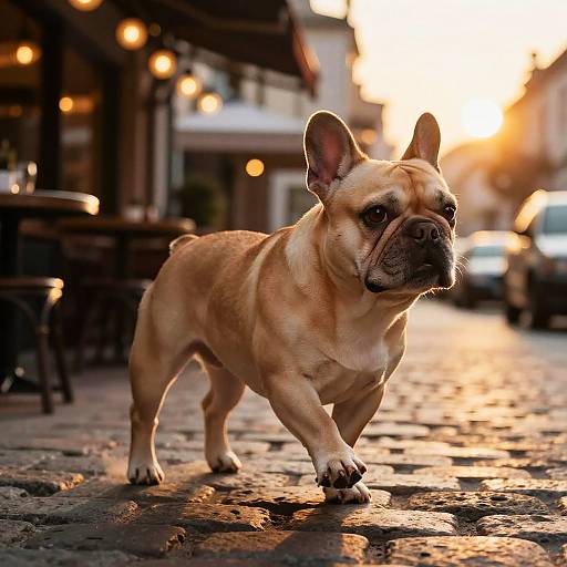 Cinematic French Bulldog at Sunset Café