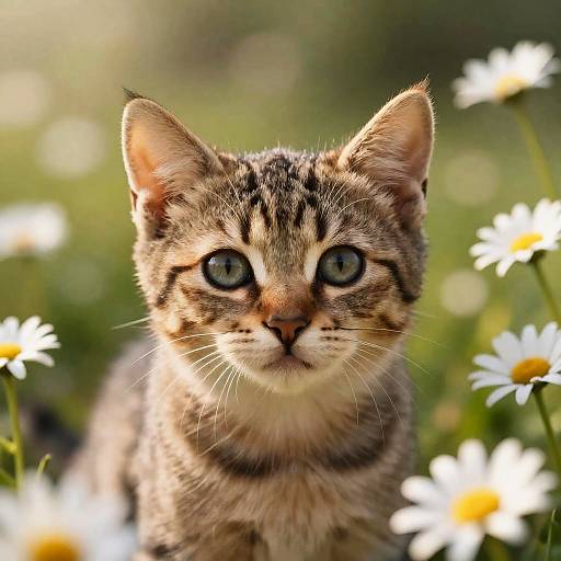 Hyperrealistic Kitten Among Daisies