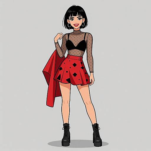 Digital illustration of a stylish woman with a bob haircut, wearing a sheer black top, red diamond-patterned skirt, black boots, and holding a red