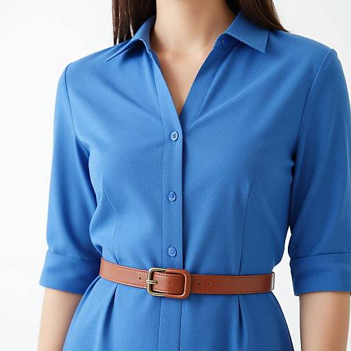 Photograph of a woman in a bright blue button-up dress with brown belt, showcasing her chest and midsection against a white background.