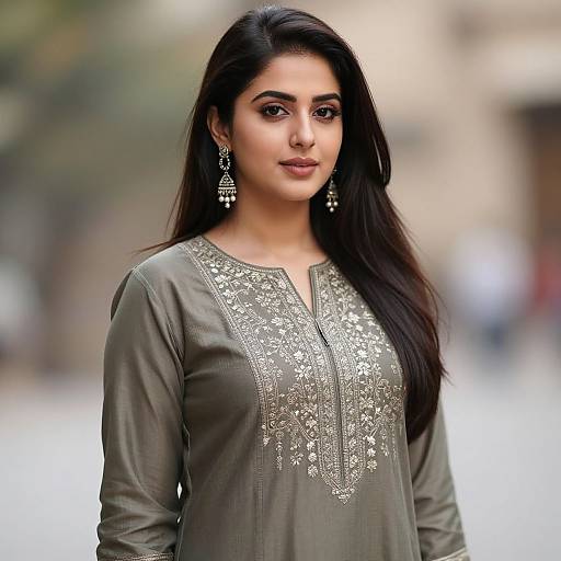 Photograph of a beautiful South Asian woman with long dark hair, wearing a green embroidered kameez, large silver earrings, standing outdoors with a blurred
