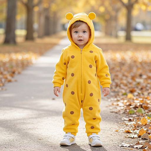 Photograph of a curious toddler in a yellow, polka-dotted, hooded onesie with bear ears, standing on a sunlit, autumn