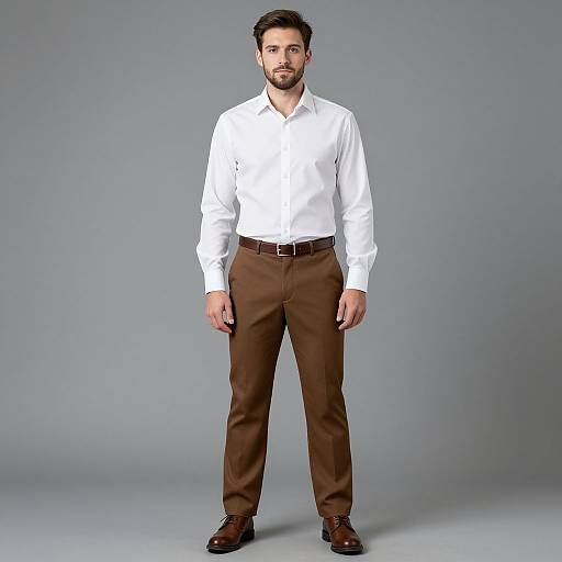 Photograph of a handsome man with short dark hair and beard, wearing a white dress shirt, brown trousers, and brown shoes, against a plain gray