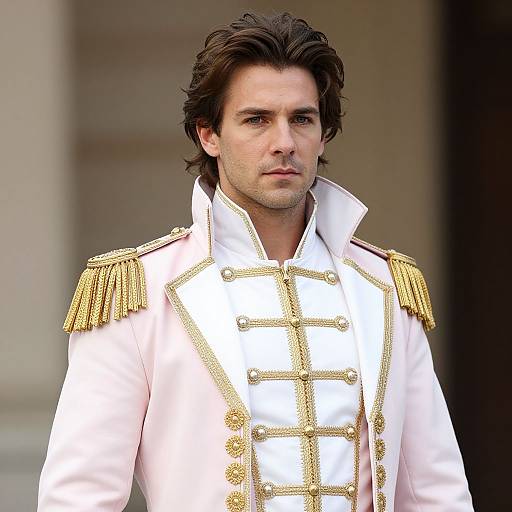Photograph of a handsome man with dark hair, wearing a white military-style uniform with gold epaulettes and intricate gold detailing.