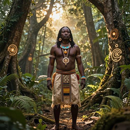 Photograph of a muscular, dark-skinned African man with long dreadlocks, adorned in traditional tribal attire, standing in a sunlit forest with fern