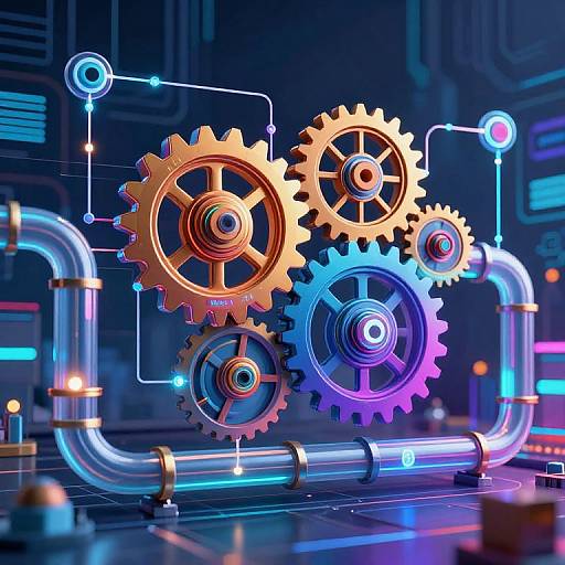 Digital illustration of glowing, interconnected gears in gold and blue, floating above futuristic, neon-lit pipes and circuitry in a cyberpunk-style background.