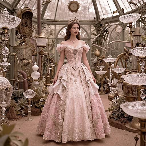 Steampunk princess in elaborate pink ball gown with lace details, wearing a crown, standing in an ornate, glass-domed, vintage industrial room