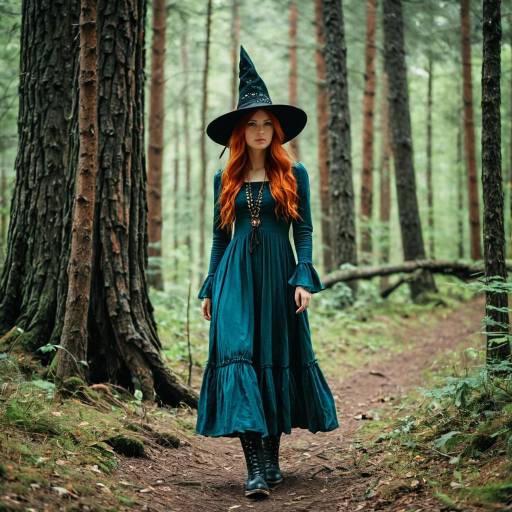 Woman in Witch Costume Walking in Forest