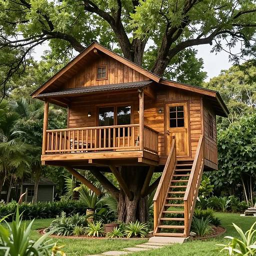 Photograph of a wooden treehouse with a gabled roof, elevated on a sturdy tree, featuring a staircase and small balcony, surrounded by lush green