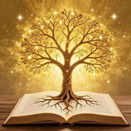 Digital art of a glowing, golden tree with sparkling lights, emerging from an open, aged book on a wooden surface.