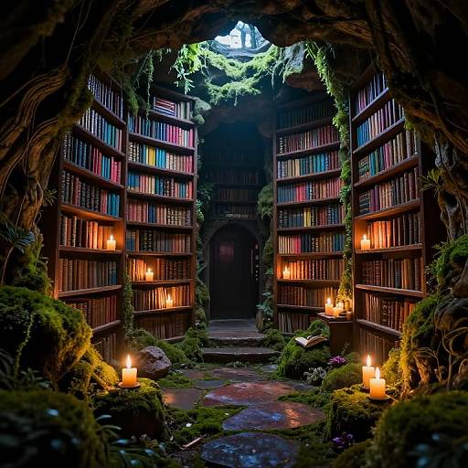 Enchanted library with moss-covered, book-filled wooden shelves, illuminated by candles, and a dark, arched doorway at the center. Fantasy scene
