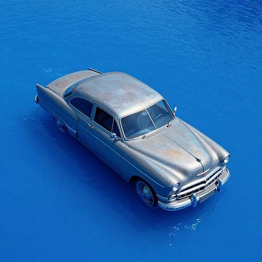 Aerial photograph of a shiny, silver vintage car floating on vibrant blue water, creating a striking contrast between the car's metallic surface and the water's