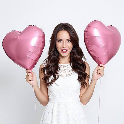 Photograph of a smiling woman with long, wavy brown hair, wearing a white lace sleeveless dress, holding two pink heart-shaped balloons.