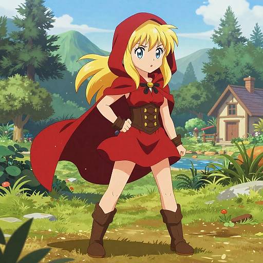 Anime-style illustration of a blonde girl with blue eyes, wearing a red hooded cape, dress, and boots, standing confidently in a lush, mountain