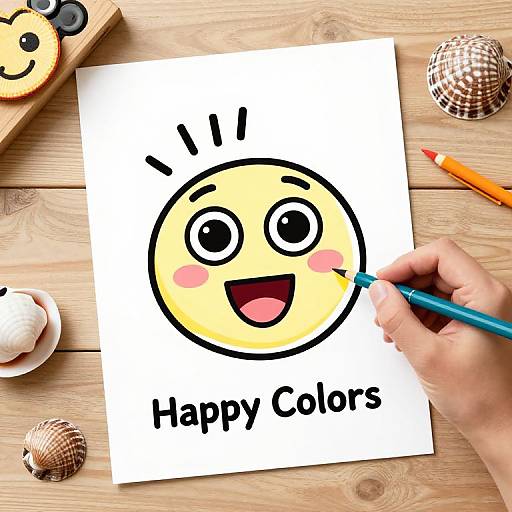 Photograph of a hand coloring a cheerful emoji face with 