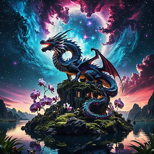 Celestial Dragon on Floating Island with Luminescent Orchids