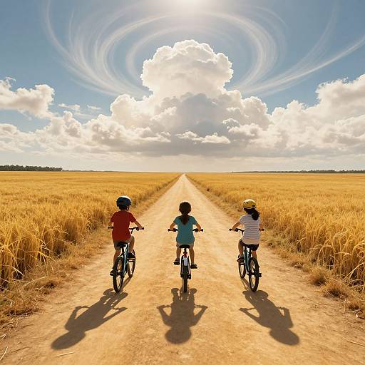 Photograph of three children in colorful clothes riding bicycles down a sunlit, golden wheat field path, with a bright, cloudy sky overhead.