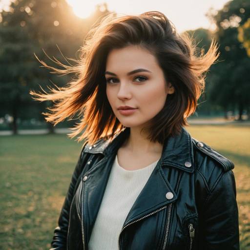 Young Woman with Feathered Layers Hairstyle in Leather Jacket