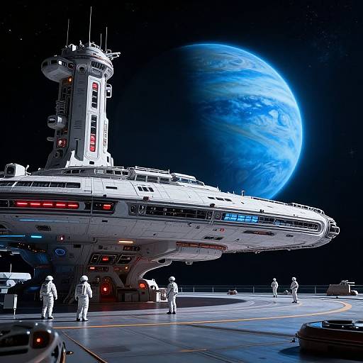 Digital CGI of a futuristic spaceship docked against a vast, glowing blue planet in space. Six astronauts in white suits stand on the metallic, high-tech