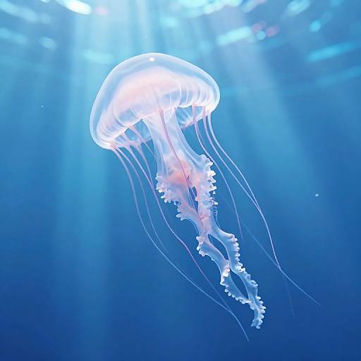 Photograph of a glowing, translucent jellyfish with long, flowing tentacles, floating in bright blue underwater light.