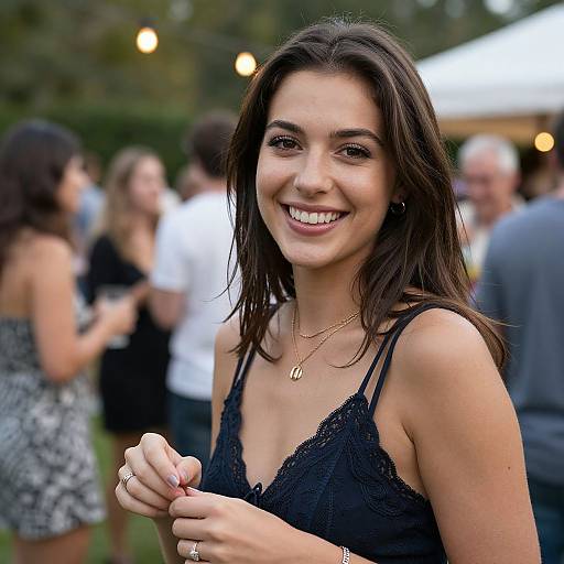 Photograph of a smiling young woman with long dark hair, wearing a black lace spaghetti-strap top and gold necklace, standing outdoors at a social event