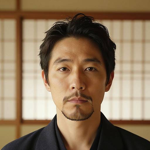 Photograph of an Asian man with short black hair, trimmed beard, and mustache, wearing a dark robe, standing in front of traditional Japanese sh