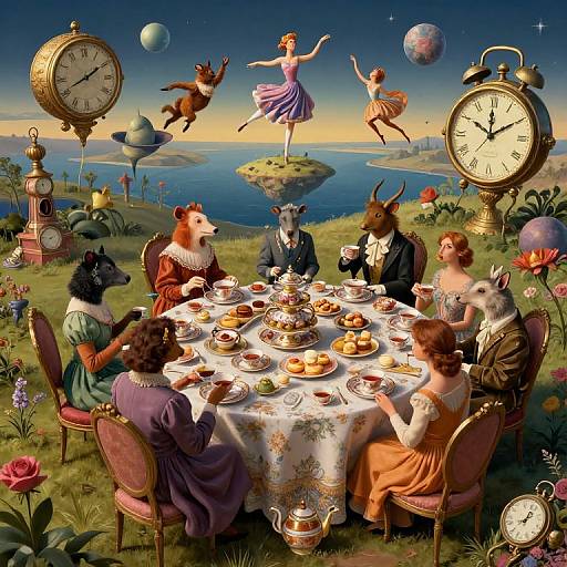 Whimsical painting of anthropomorphic animals in Victorian dresses having tea on a grassy hill, with floating planets and oversized clocks.