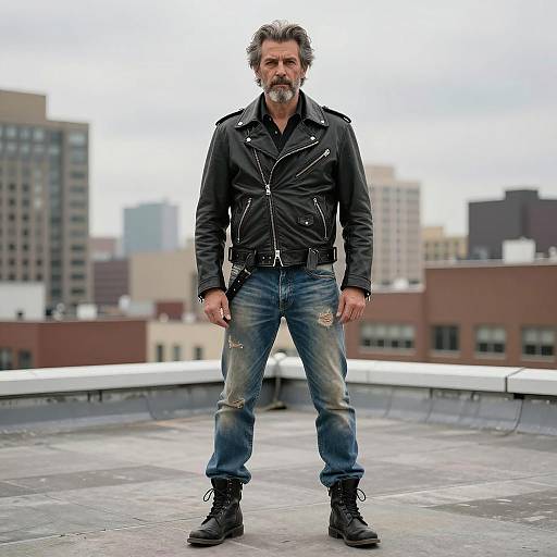 Middle-aged man in leather jacket on rooftop