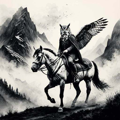 Ink Wash Painting of Owl Rider on Horse in Misty Mountains Ink Wash Painting of Owl Rider on Horse in Misty Mountains