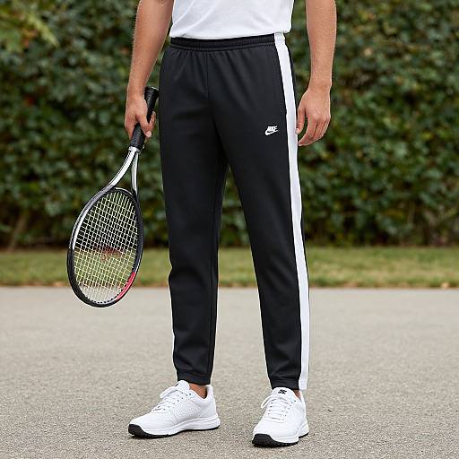 Photograph of a male tennis player's lower body, wearing black and white athletic pants, white shoes, holding a tennis racket. Background: green hedge