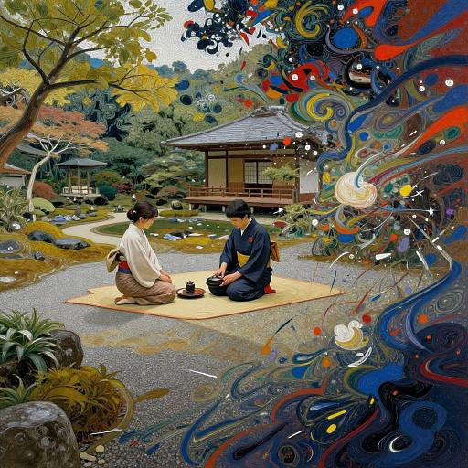 Digital artwork of a Japanese couple in traditional attire, sitting on a mat in a serene garden, with vibrant, abstract swirling patterns in the foreground.