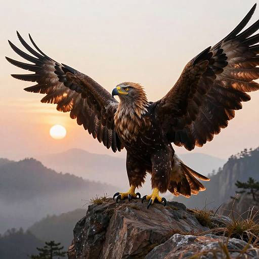 Photograph of a majestic bald eagle with outstretched wings standing on a rocky perch at sunrise, showcasing its dark brown feathers and yellow beak and
