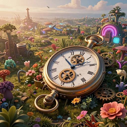 Whimsical CGI image of a large, golden, steampunk pocket watch with gears, surrounded by vibrant flowers and futuristic buildings at sunset.